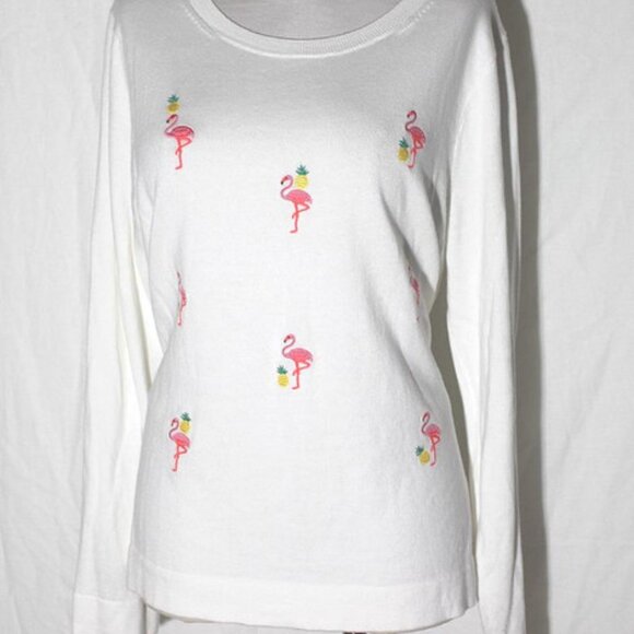 NEW J. Crew Teddi White Cotton Pullover Sweater w Flamingos & Pineapples sz XL - Picture 1 of 3